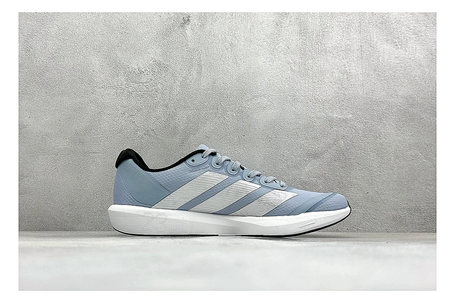 Adidas Adizero Grey Blue QC reference photo showing grey lightweight runner upper, blue Adidas striping, slim racing shape, and low performance sole thumbnail 5