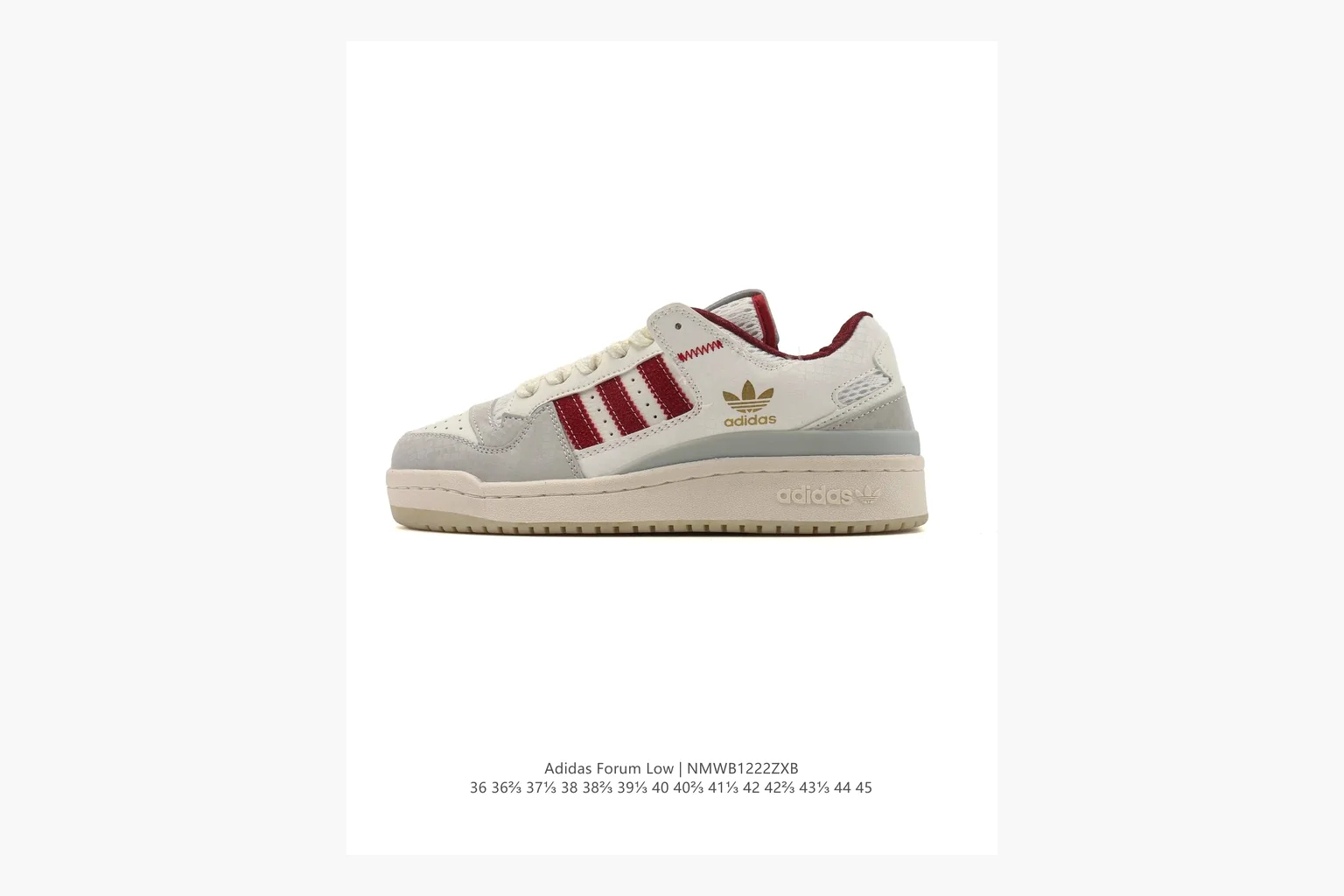 Adidas Forum Low White Burgundy QC reference photo showing white leather low-top upper, burgundy three-stripe accents, gum sole, padded court profile, and strap-style Forum shape