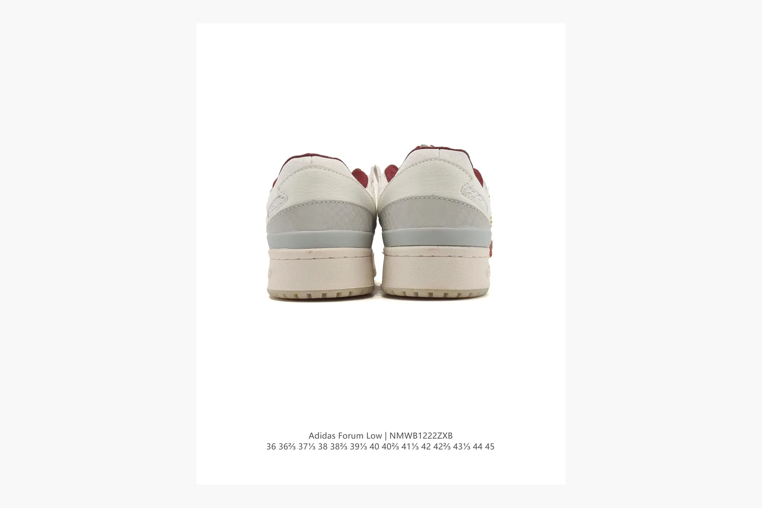 Adidas Forum Low White Burgundy QC reference photo showing white leather low-top upper, burgundy three-stripe accents, gum sole, padded court profile, and strap-style Forum shape