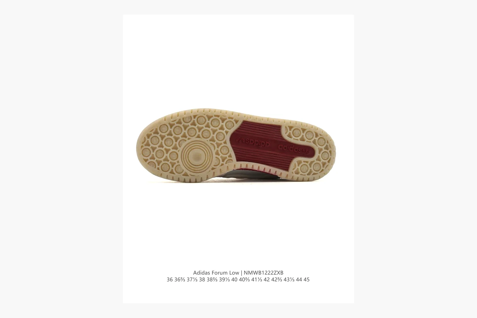 Adidas Forum Low White Burgundy QC reference photo showing white leather low-top upper, burgundy three-stripe accents, gum sole, padded court profile, and strap-style Forum shape thumbnail 3