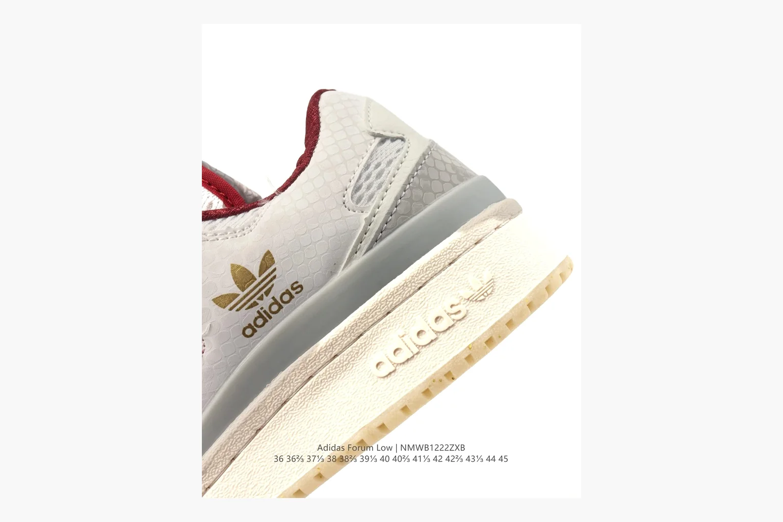 Adidas Forum Low White Burgundy QC reference photo showing white leather low-top upper, burgundy three-stripe accents, gum sole, padded court profile, and strap-style Forum shape thumbnail 4