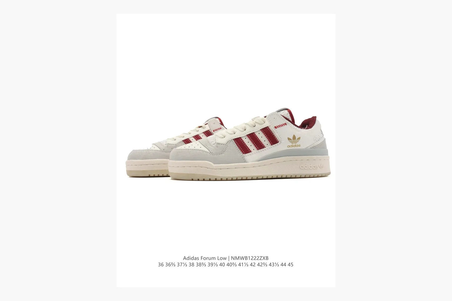 Adidas Forum Low White Burgundy QC reference photo showing white leather low-top upper, burgundy three-stripe accents, gum sole, padded court profile, and strap-style Forum shape thumbnail 5