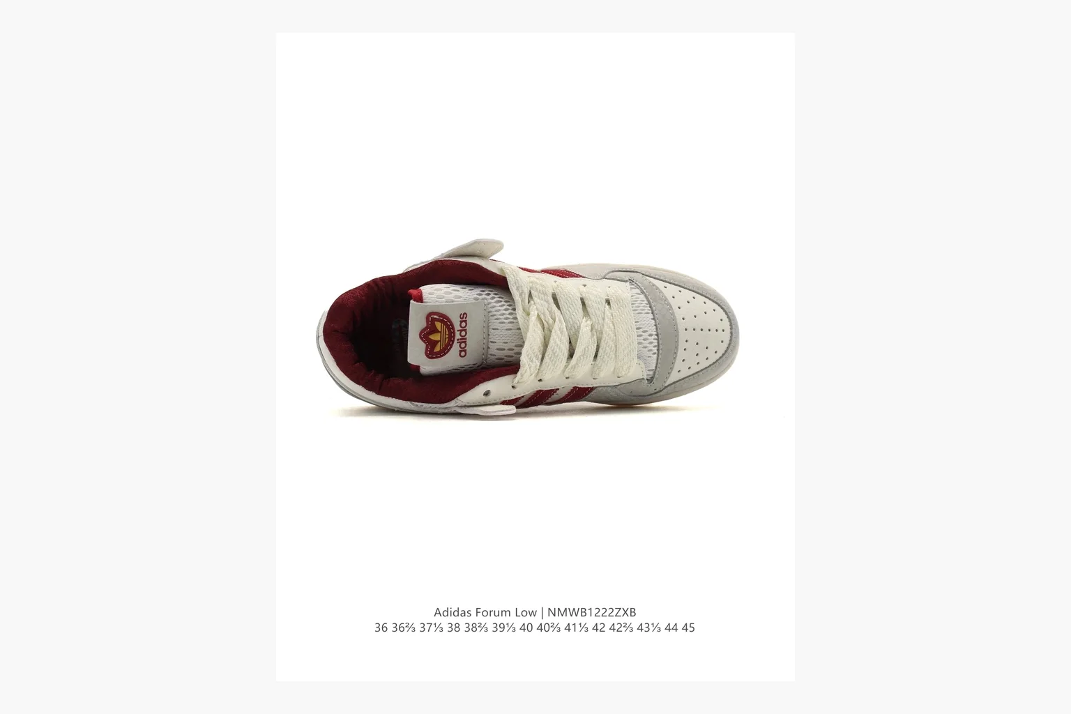 Adidas Forum Low White Burgundy QC reference photo showing white leather low-top upper, burgundy three-stripe accents, gum sole, padded court profile, and strap-style Forum shape thumbnail 6