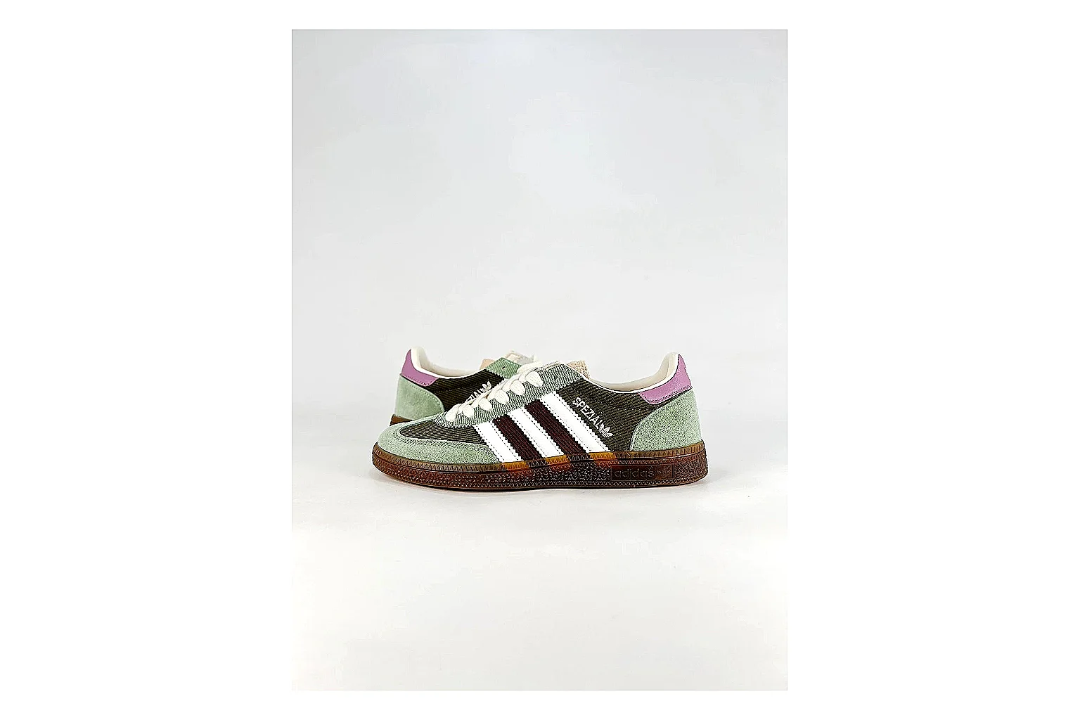 Adidas Originals Handball Spezial Green Brown Sneakers QC photo reference showing green brown handball sneakers with suede-leather texture, side-profile shape, upper panel lines, and outsole detail
