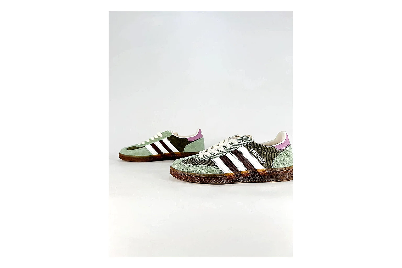 Adidas Originals Handball Spezial Green Brown Sneakers QC photo reference showing green brown handball sneakers with suede-leather texture, side-profile shape, upper panel lines, and outsole detail thumbnail 4