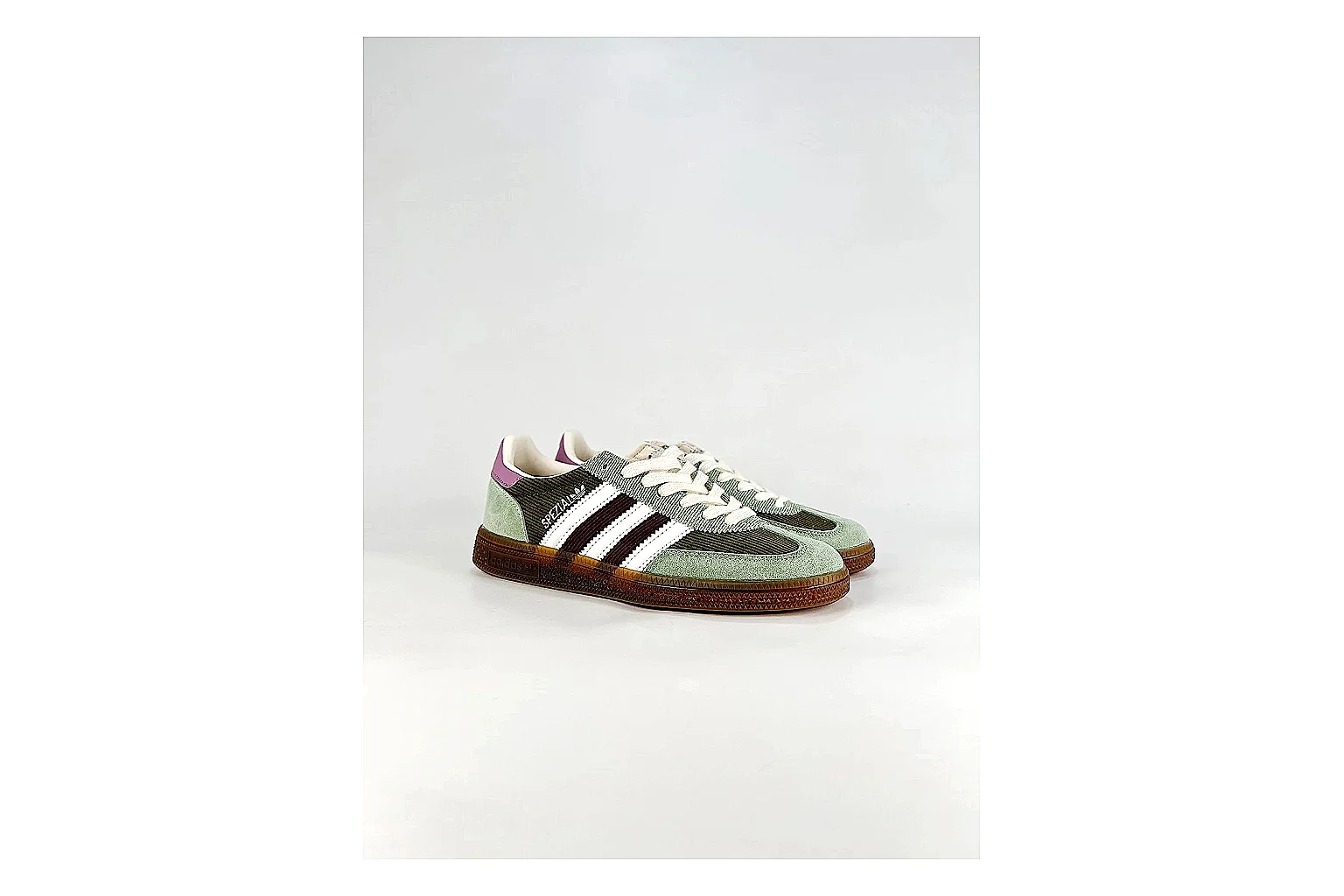 Adidas Originals Handball Spezial Green Brown Sneakers QC photo reference showing green brown handball sneakers with suede-leather texture, side-profile shape, upper panel lines, and outsole detail thumbnail 5
