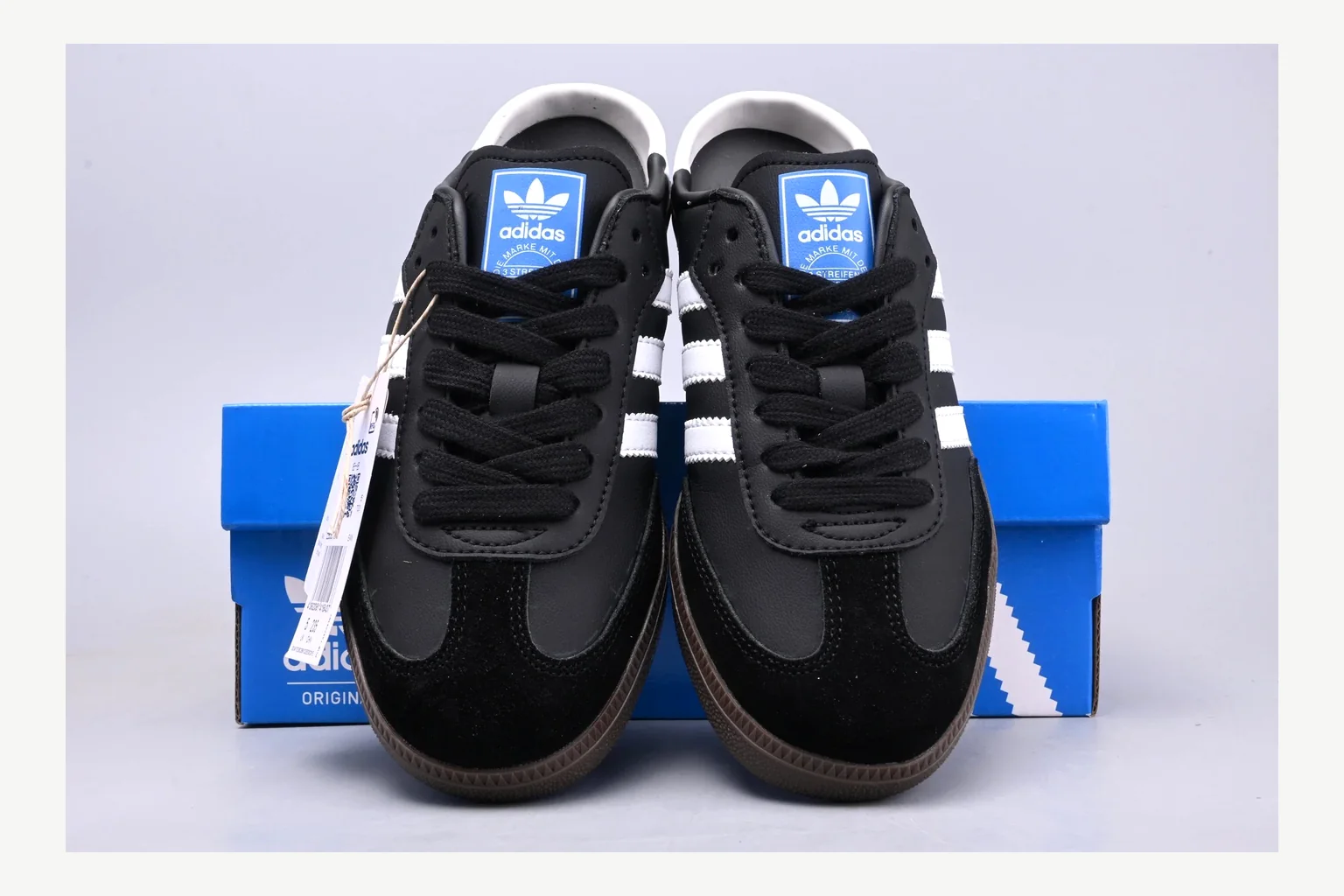 Adidas Originals Samba Black White QC photo showing white black low-top sneaker with mixed-material upper and low-profile shape thumbnail 3