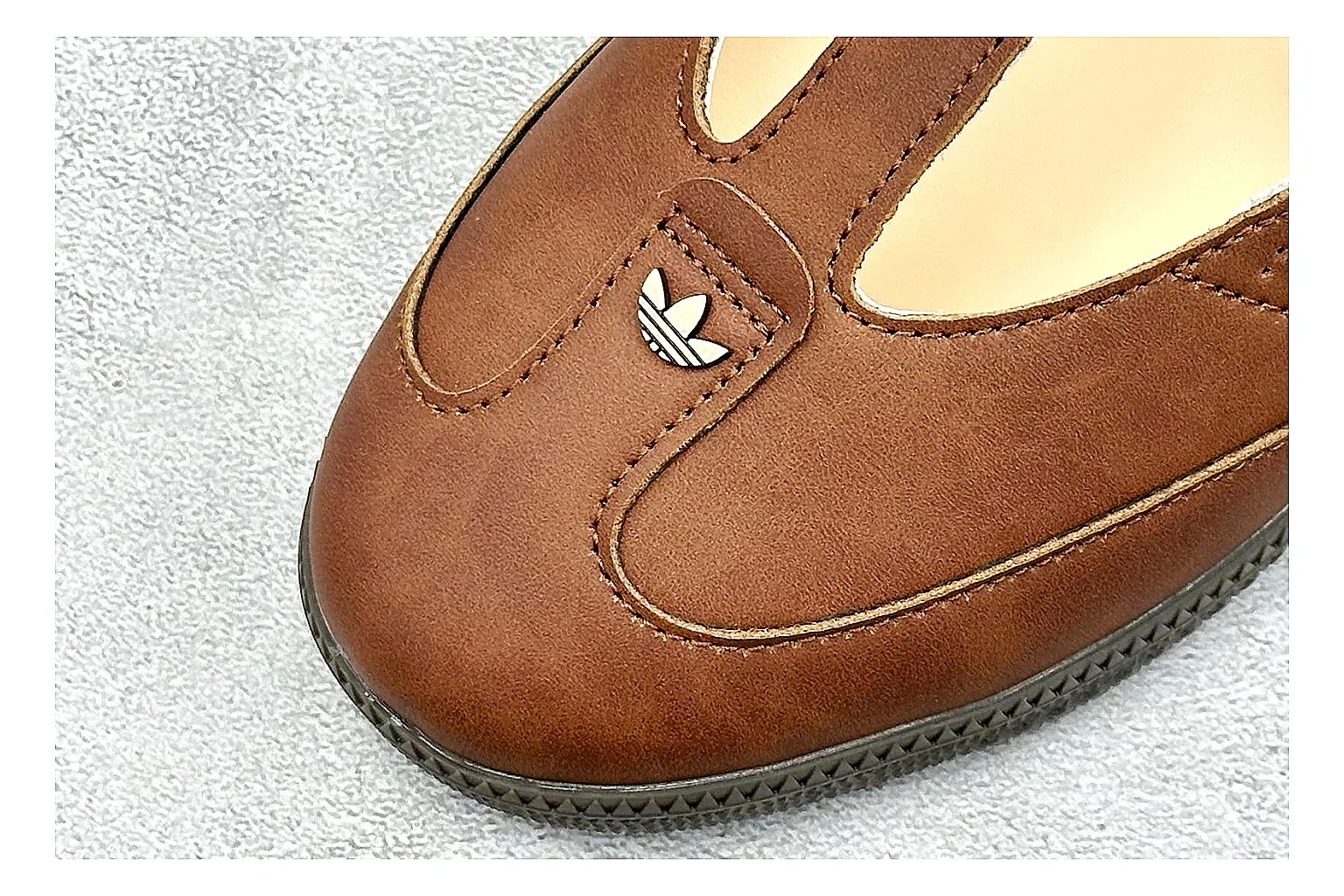 Adidas Samba Jane Brown QC reference photo showing brown Mary Jane upper, Samba-style side stripes, strap closure, gum outsole, and low terrace profile thumbnail 4