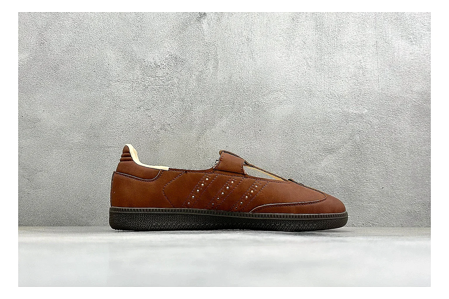 Adidas Samba Jane Brown QC reference photo showing brown Mary Jane upper, Samba-style side stripes, strap closure, gum outsole, and low terrace profile thumbnail 5