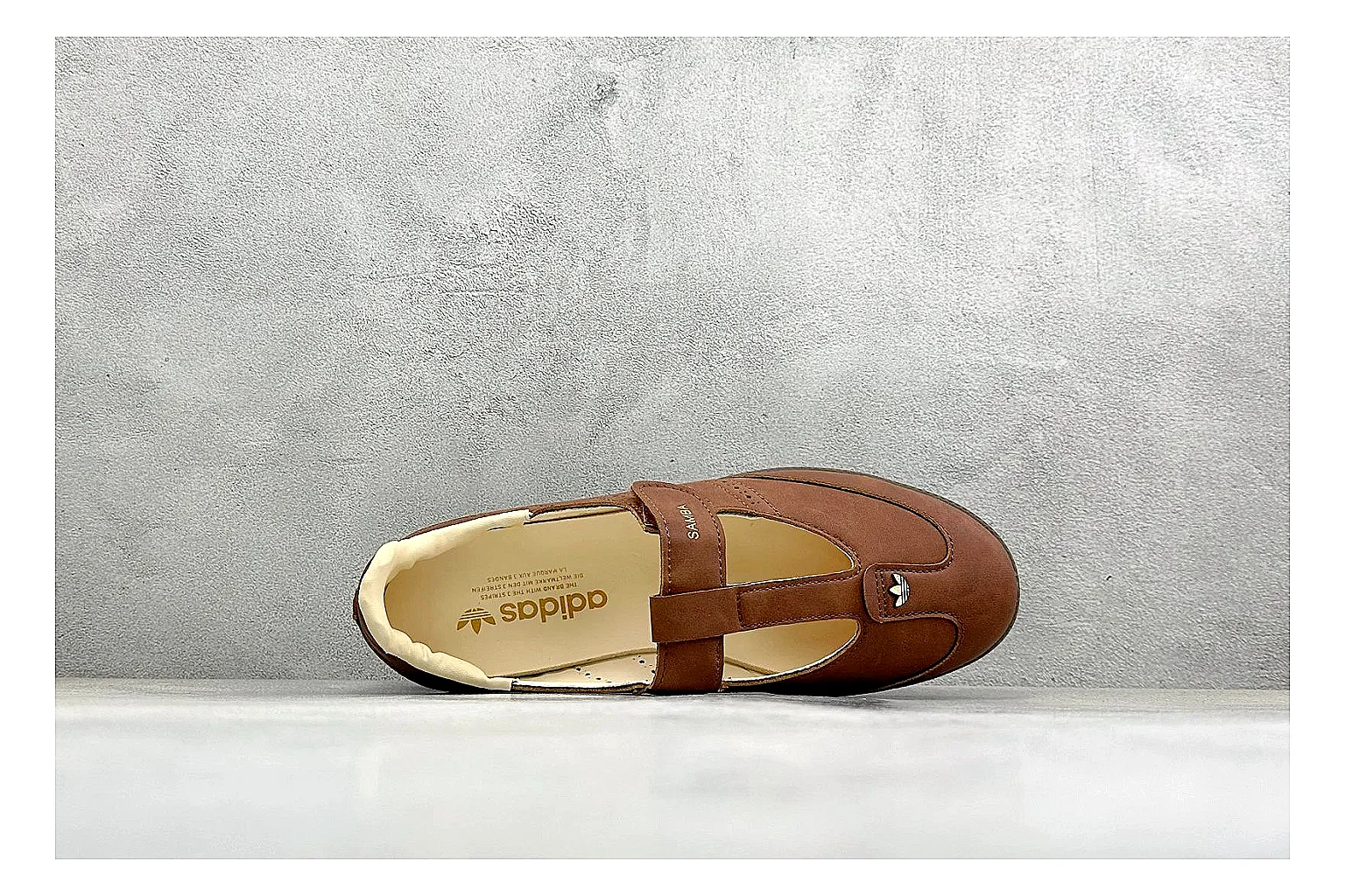 Adidas Samba Jane Brown QC reference photo showing brown Mary Jane upper, Samba-style side stripes, strap closure, gum outsole, and low terrace profile thumbnail 6