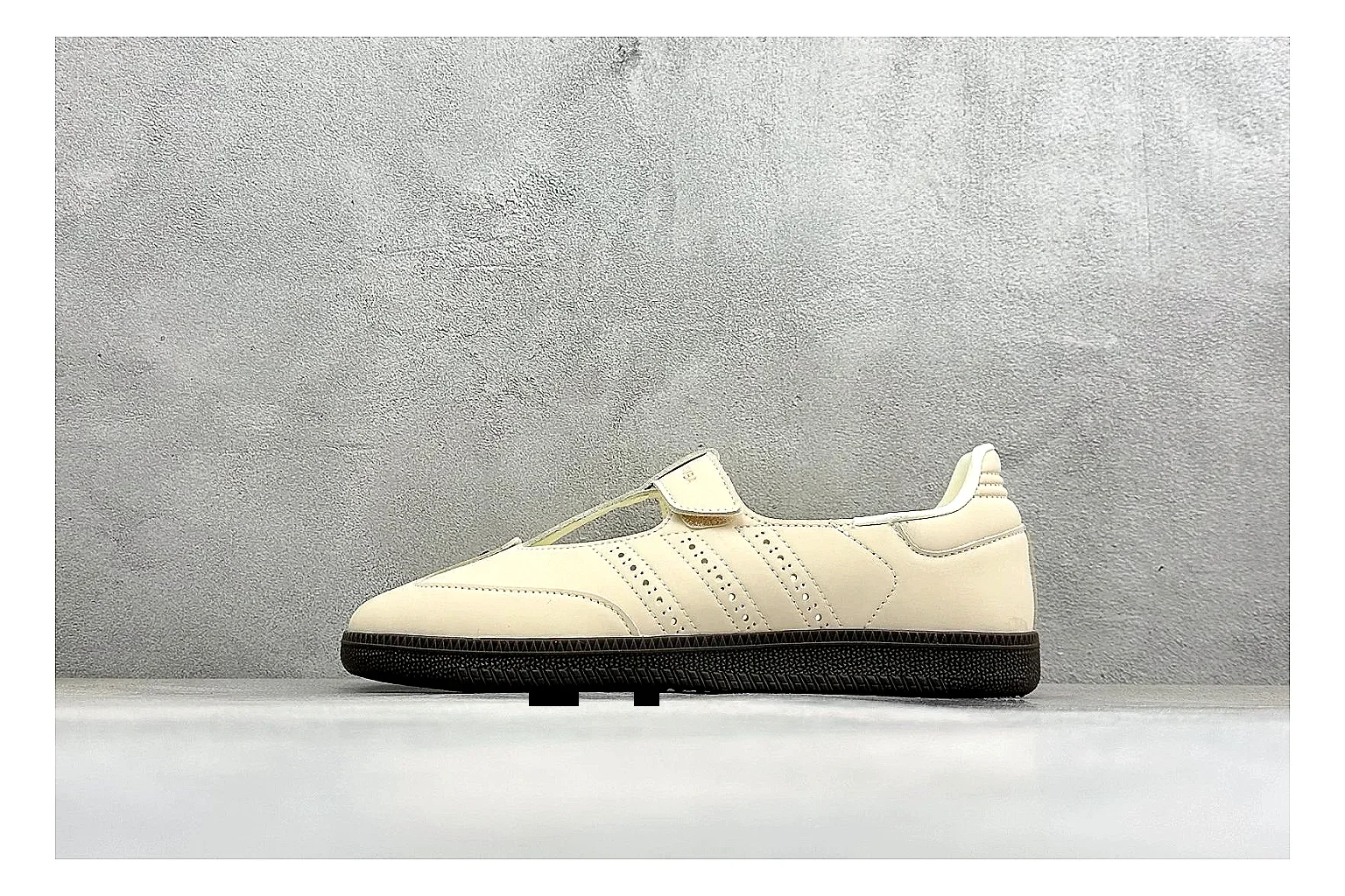 Adidas Samba Jane Cream QC reference photo showing cream Mary Jane upper, dark gum outsole, Samba-style side stripes, and low strap silhouette
