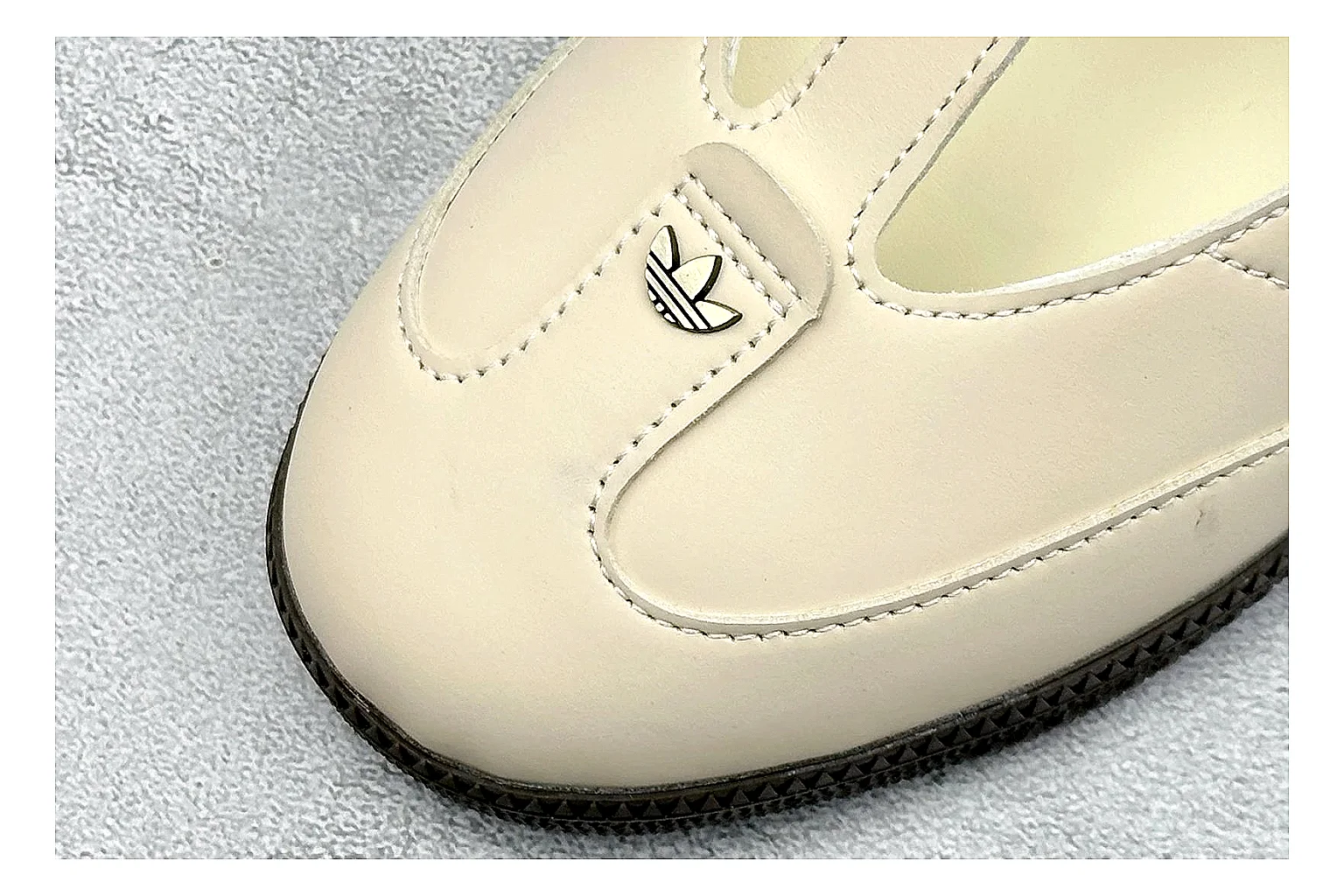 Adidas Samba Jane Cream QC reference photo showing cream Mary Jane upper, dark gum outsole, Samba-style side stripes, and low strap silhouette thumbnail 4