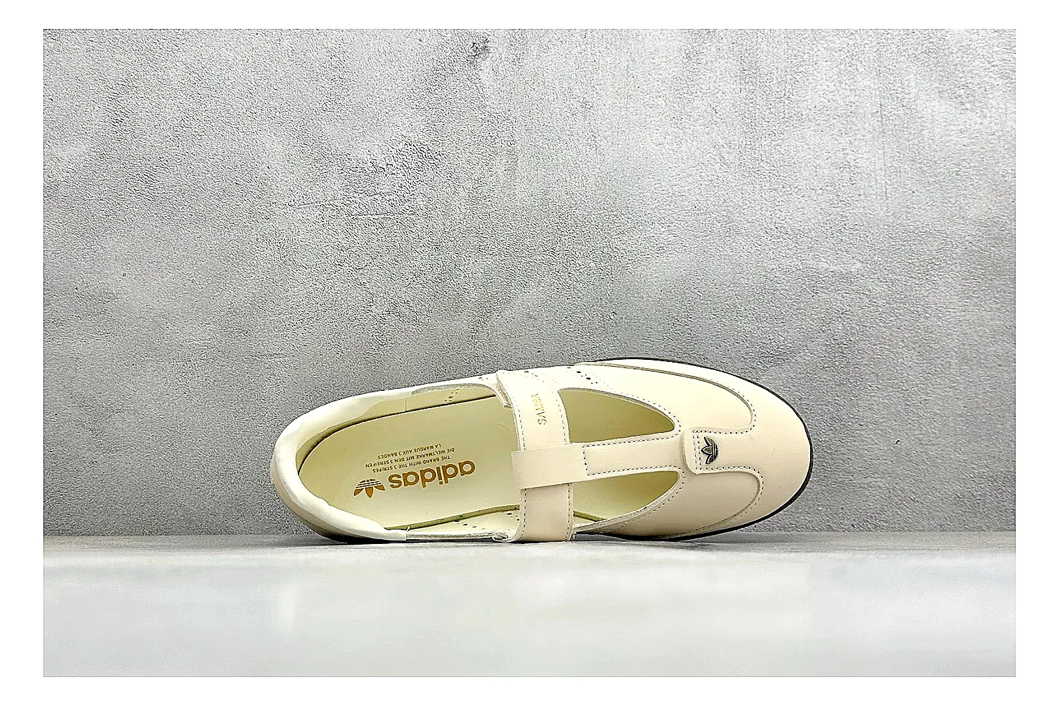 Adidas Samba Jane Cream QC reference photo showing cream Mary Jane upper, dark gum outsole, Samba-style side stripes, and low strap silhouette thumbnail 6