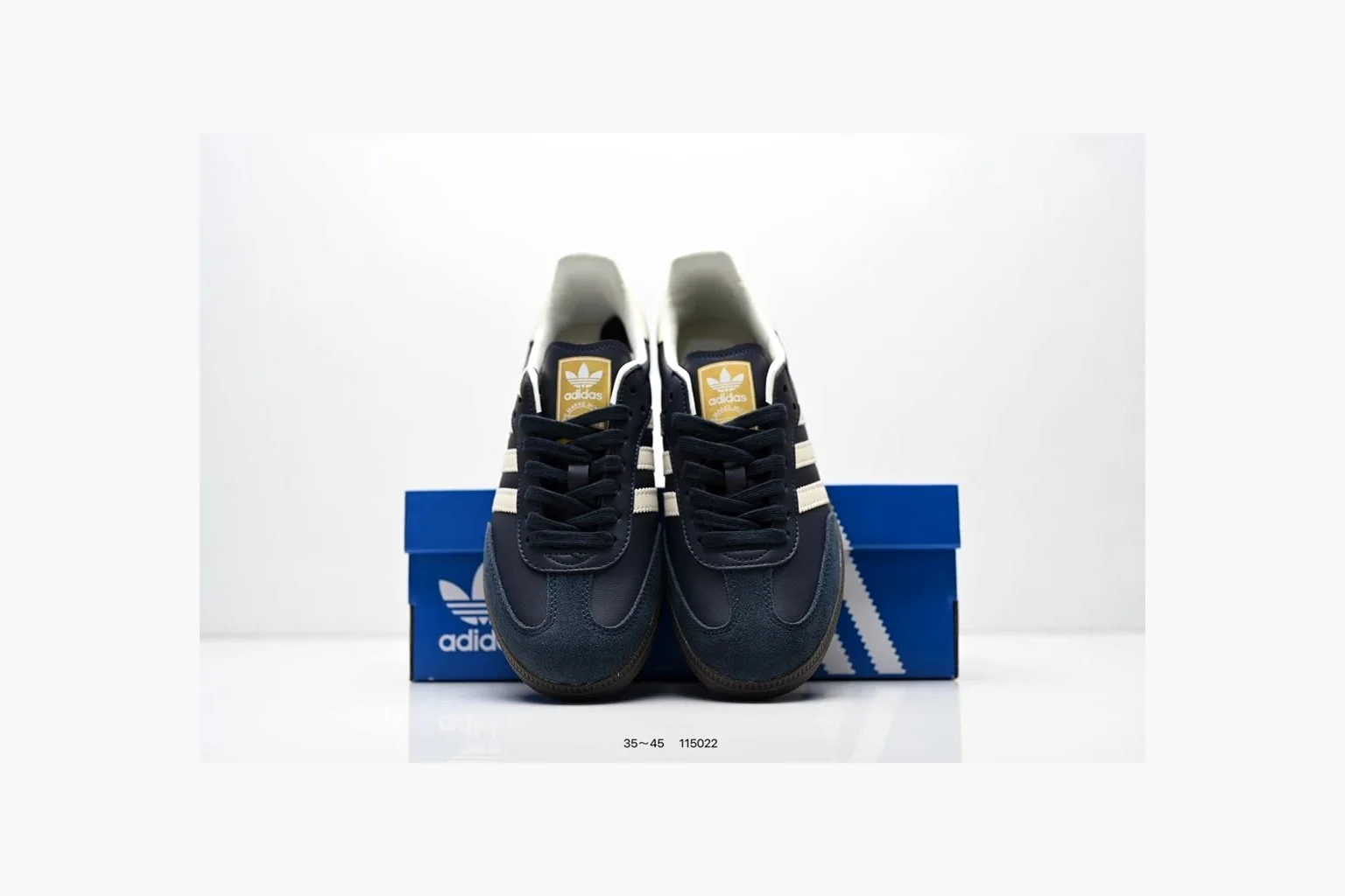 Adidas Samba OG Black White Gold QC reference photo showing black leather-suede low-top upper, white three stripes, gold tongue label, gum sole, and classic Samba side profile thumbnail 4