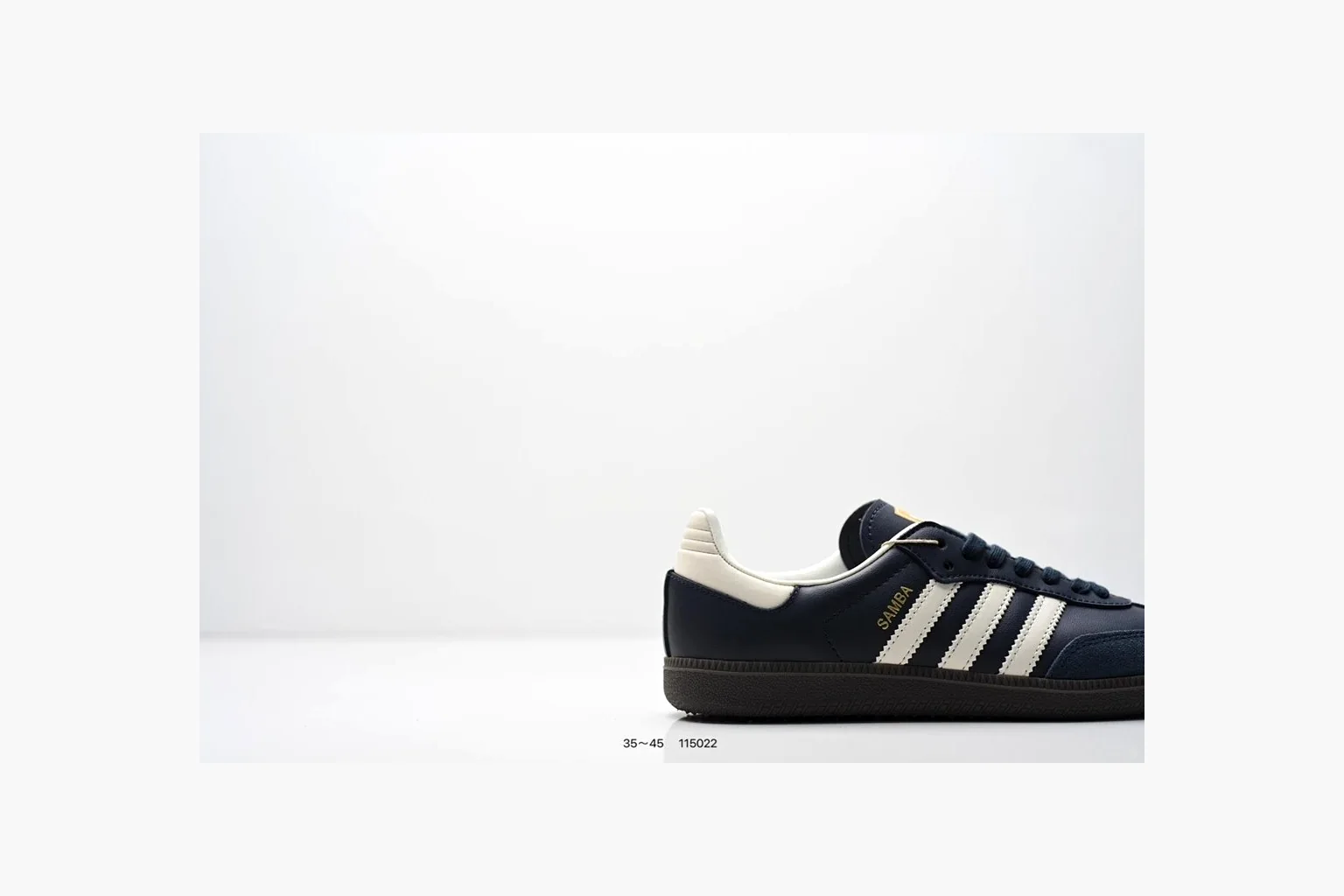 Adidas Samba OG Black White Gold QC reference photo showing black leather-suede low-top upper, white three stripes, gold tongue label, gum sole, and classic Samba side profile thumbnail 5