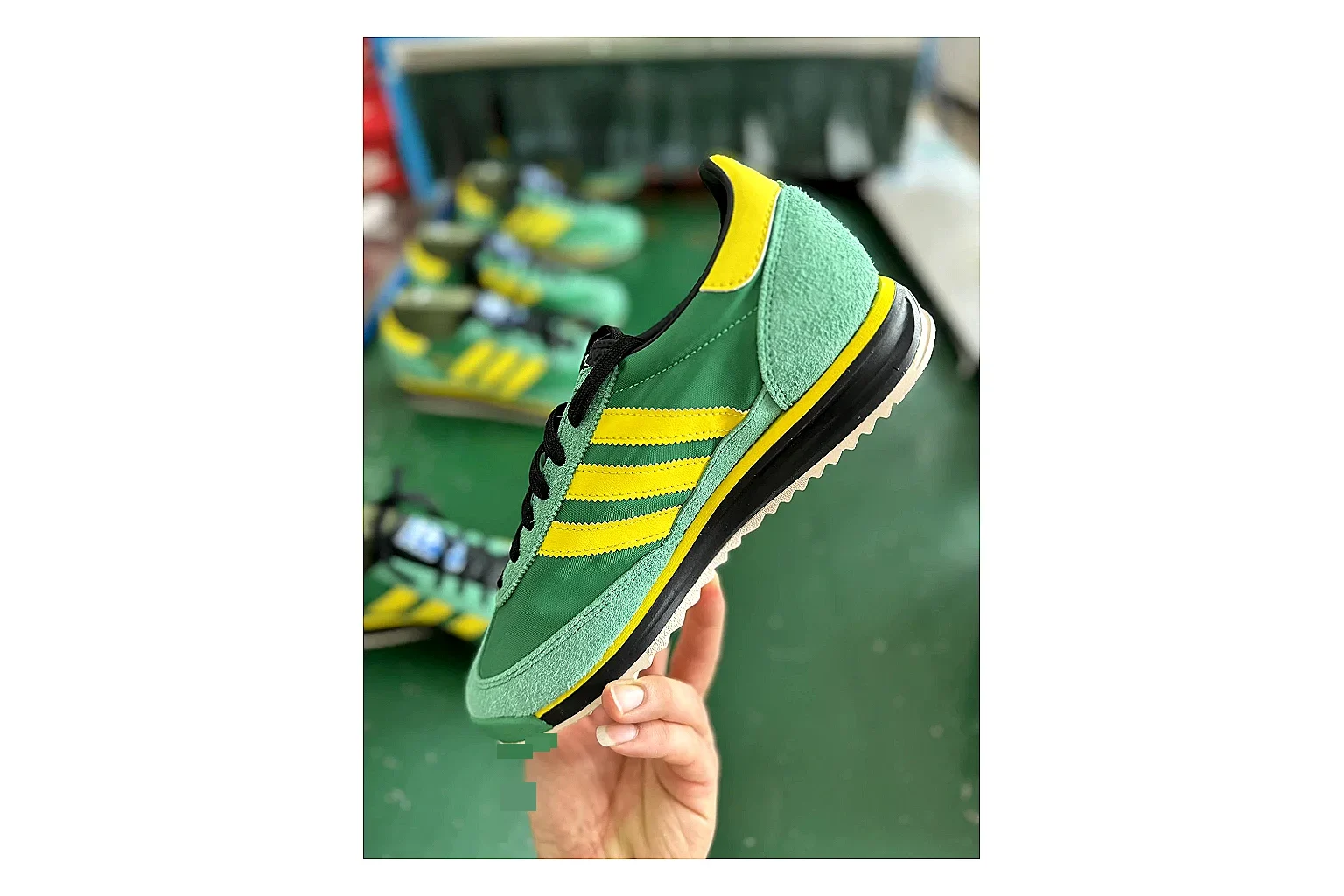 Adidas SL 72 RS Green Yellow QC photo showing green yellow sl 72 rs retro runner with mixed upper and runner shape