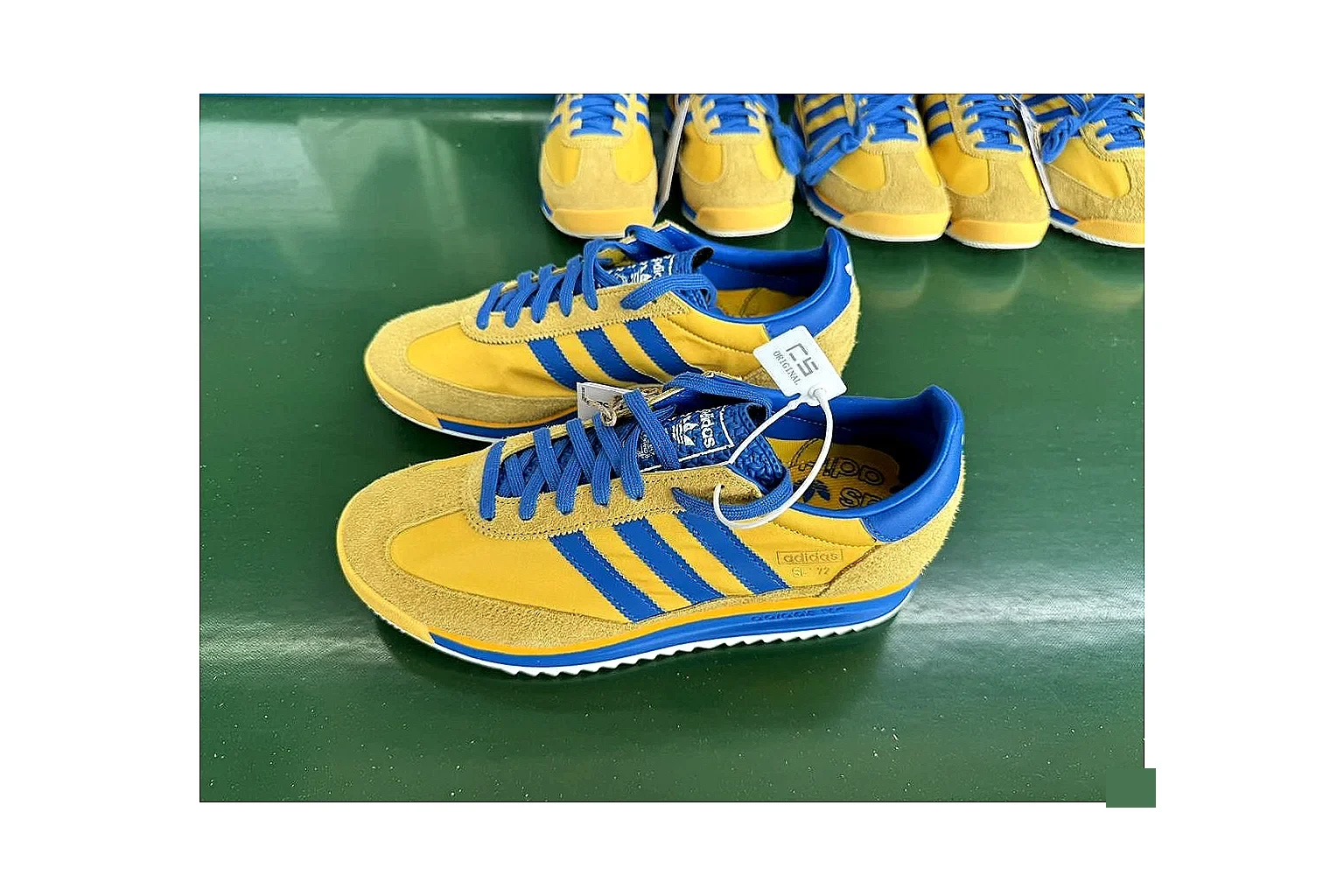 Adidas SL 72 RS Yellow Blue QC photo showing yellow blue sl 72 rs retro runner with mixed upper and runner shape