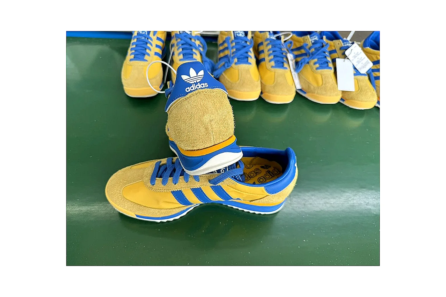Adidas SL 72 RS Yellow Blue QC photo showing yellow blue sl 72 rs retro runner with mixed upper and runner shape