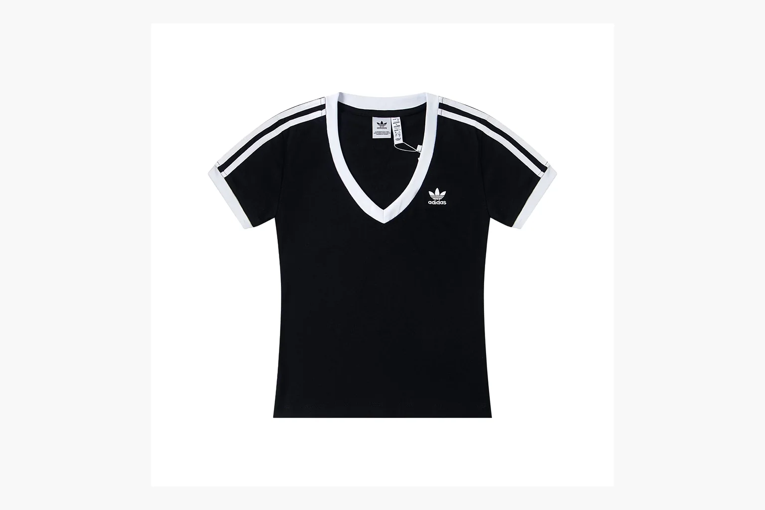 Adidas black V-neck ringer tee QC photo with neckline trim