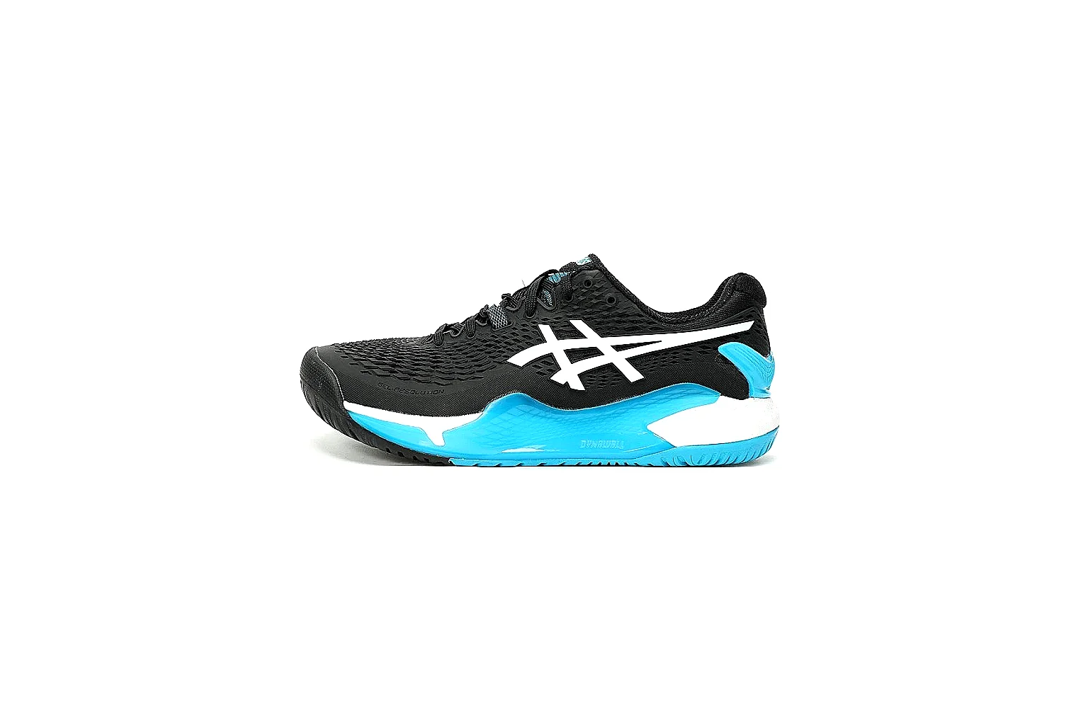 ASICS black blue court shoe QC reference showing side logo heel support and outsole thumbnail 2