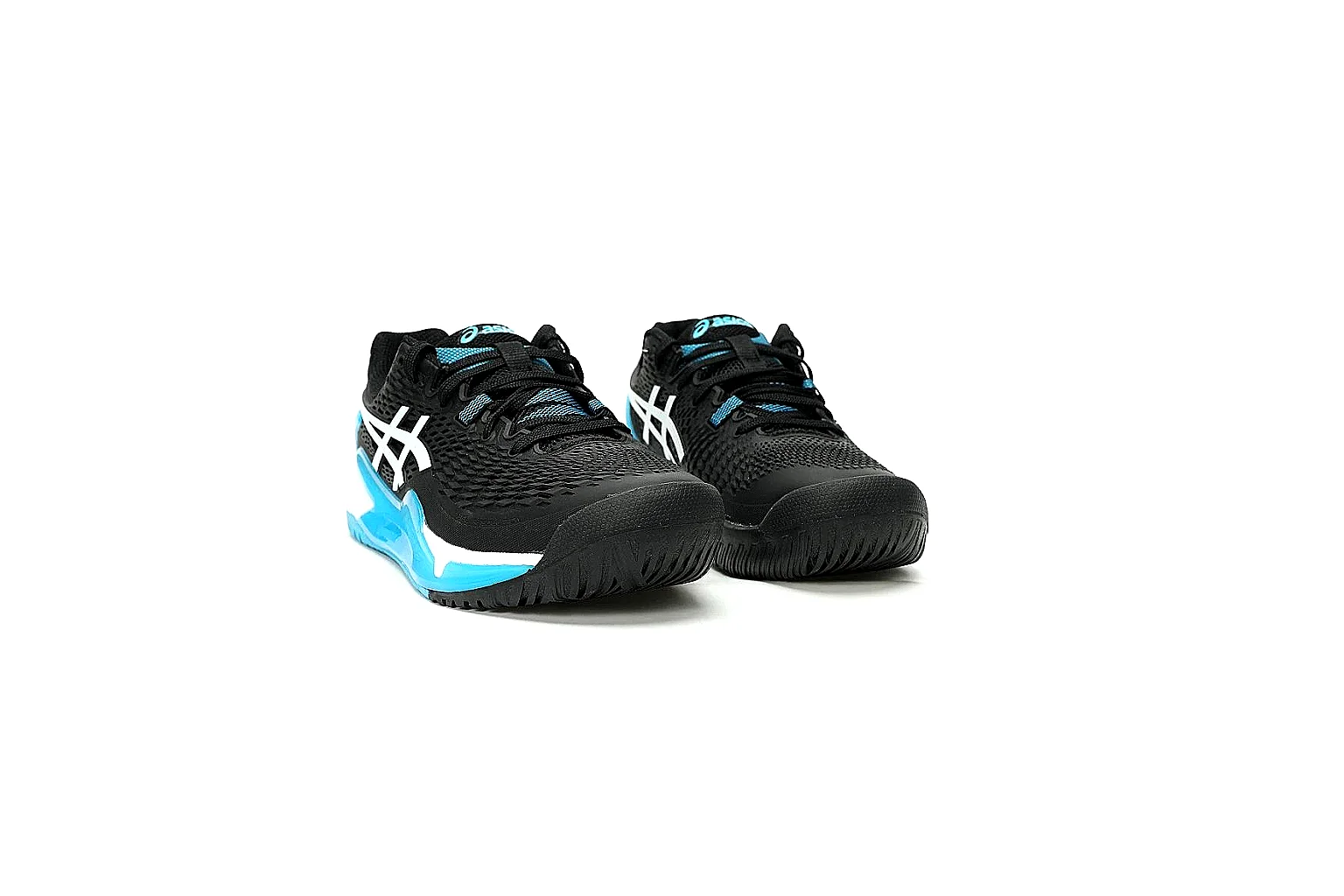 ASICS black blue court shoe QC reference showing side logo heel support and outsole thumbnail 3