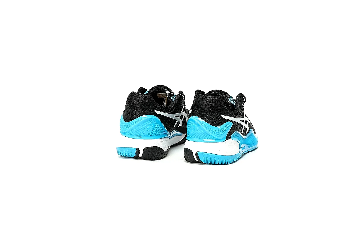 ASICS black blue court shoe QC reference showing side logo heel support and outsole thumbnail 4