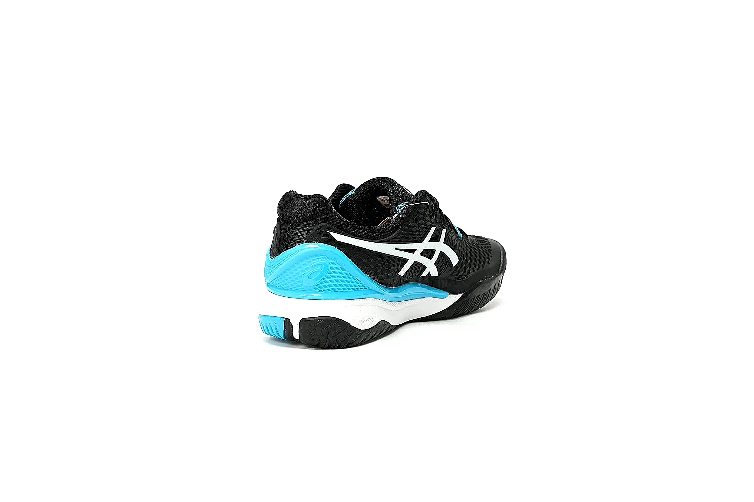 ASICS black blue court shoe QC reference showing side logo heel support and outsole thumbnail 5