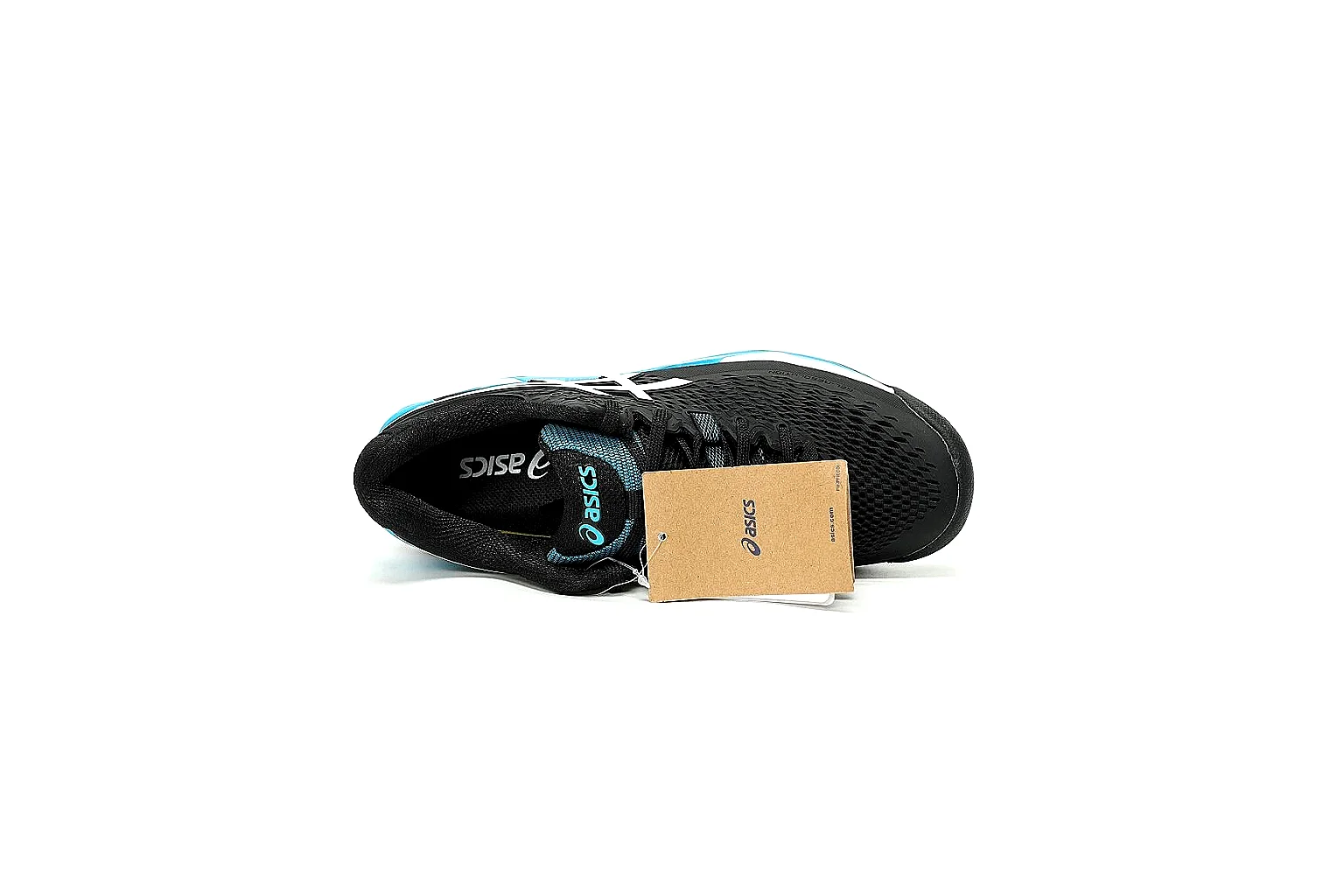 ASICS black blue court shoe QC reference showing side logo heel support and outsole thumbnail 6