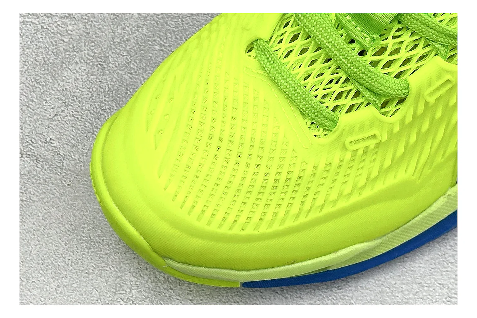 Asics Court FF Volt Blue QC reference photo showing bright volt and blue court upper, supportive sole wall, Asics side lines, and stable tennis profile thumbnail 4