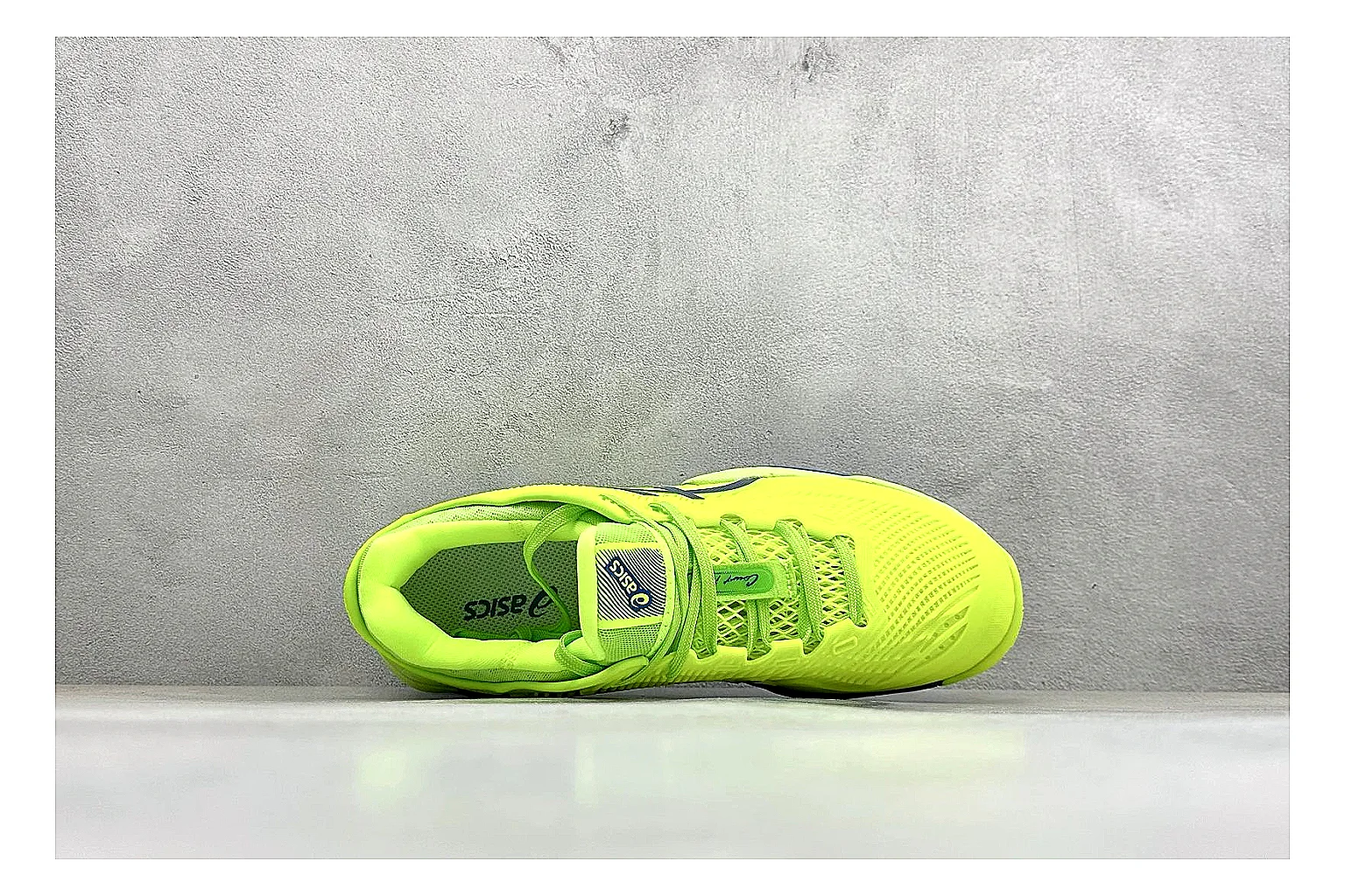 Asics Court FF Volt Blue QC reference photo showing bright volt and blue court upper, supportive sole wall, Asics side lines, and stable tennis profile thumbnail 6