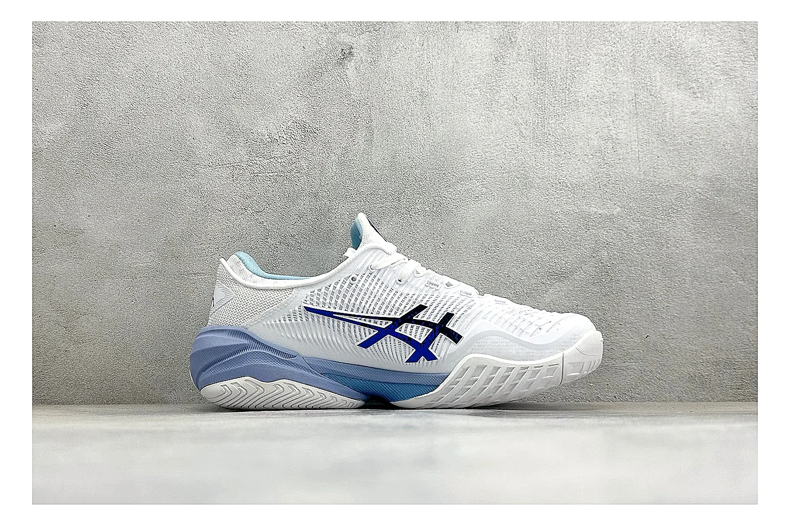Asics Court FF White Blue QC reference photo showing white tennis upper, blue Asics side lines, supportive sole wall, and stable court profile thumbnail 5