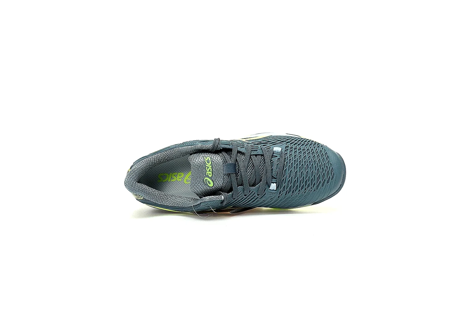 ASICS 7866 QC angles showing mesh upper side stripes and neon outsole