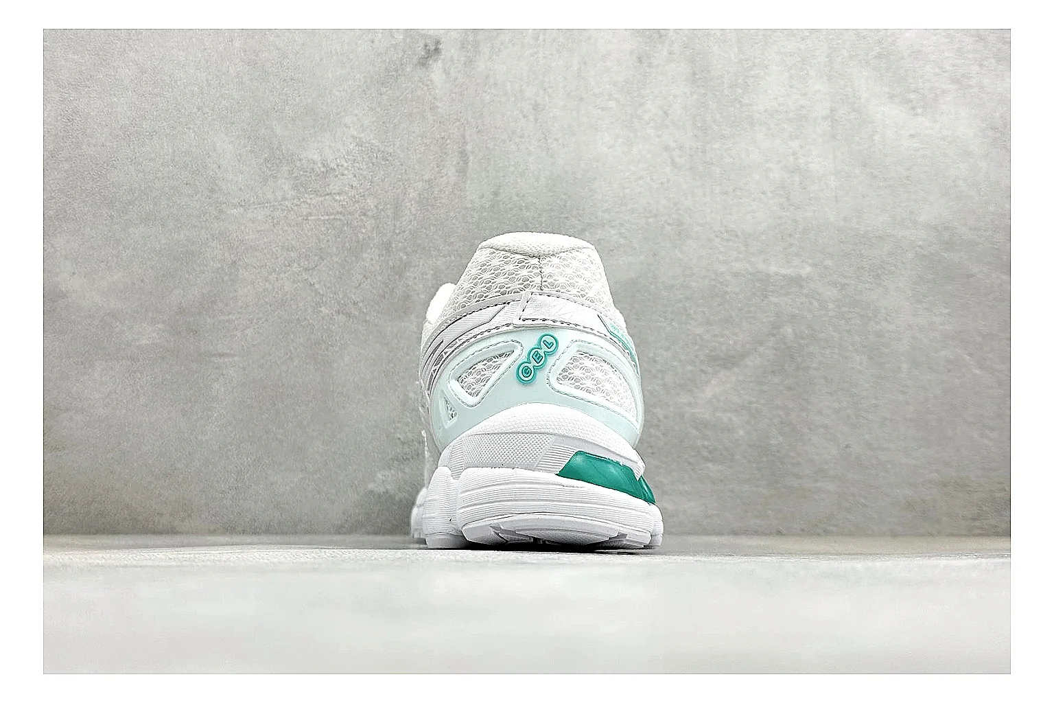 Asics Gel-Kayano White Mint QC reference photo showing white mesh runner upper, mint Asics accents, cushioned Gel-Kayano sole, and technical support shape