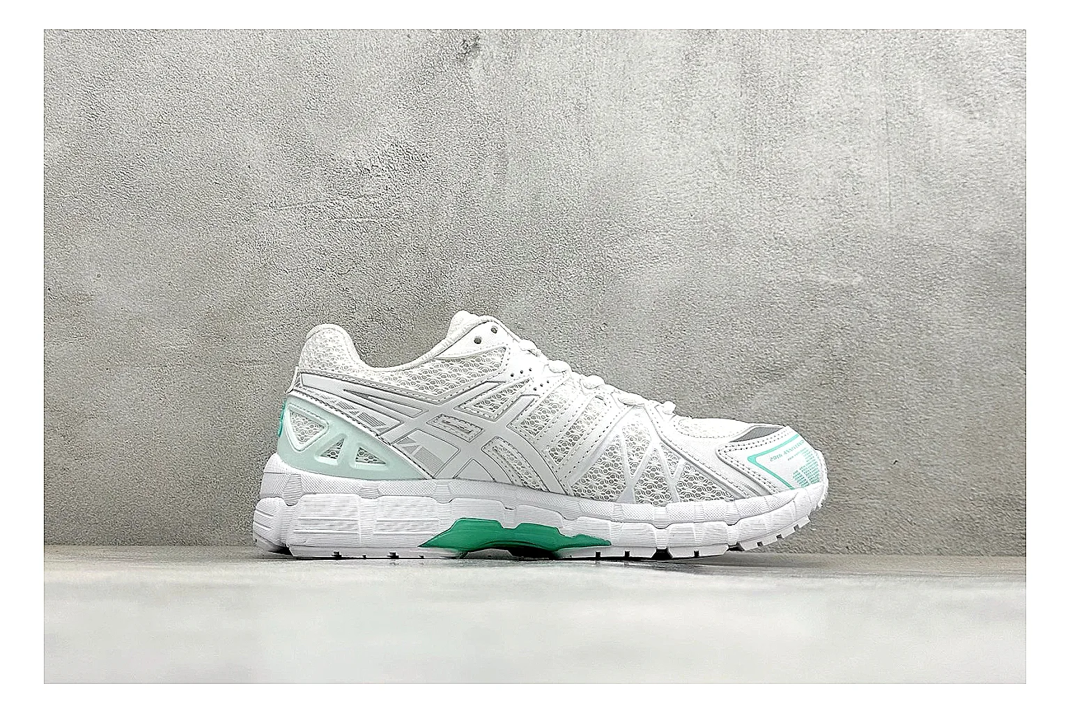 Asics Gel-Kayano White Mint QC reference photo showing white mesh runner upper, mint Asics accents, cushioned Gel-Kayano sole, and technical support shape thumbnail 5