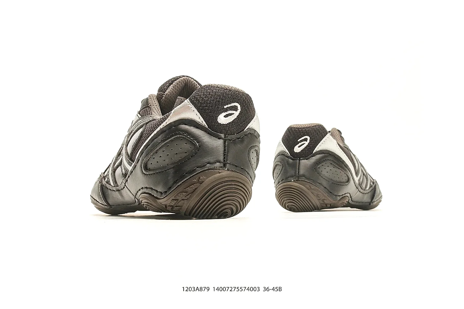 Asics Gel Runner Black Gray QC reference photo showing black gray mesh-leather upper, layered runner panels, Asics side stripes, and cushioned retro sole