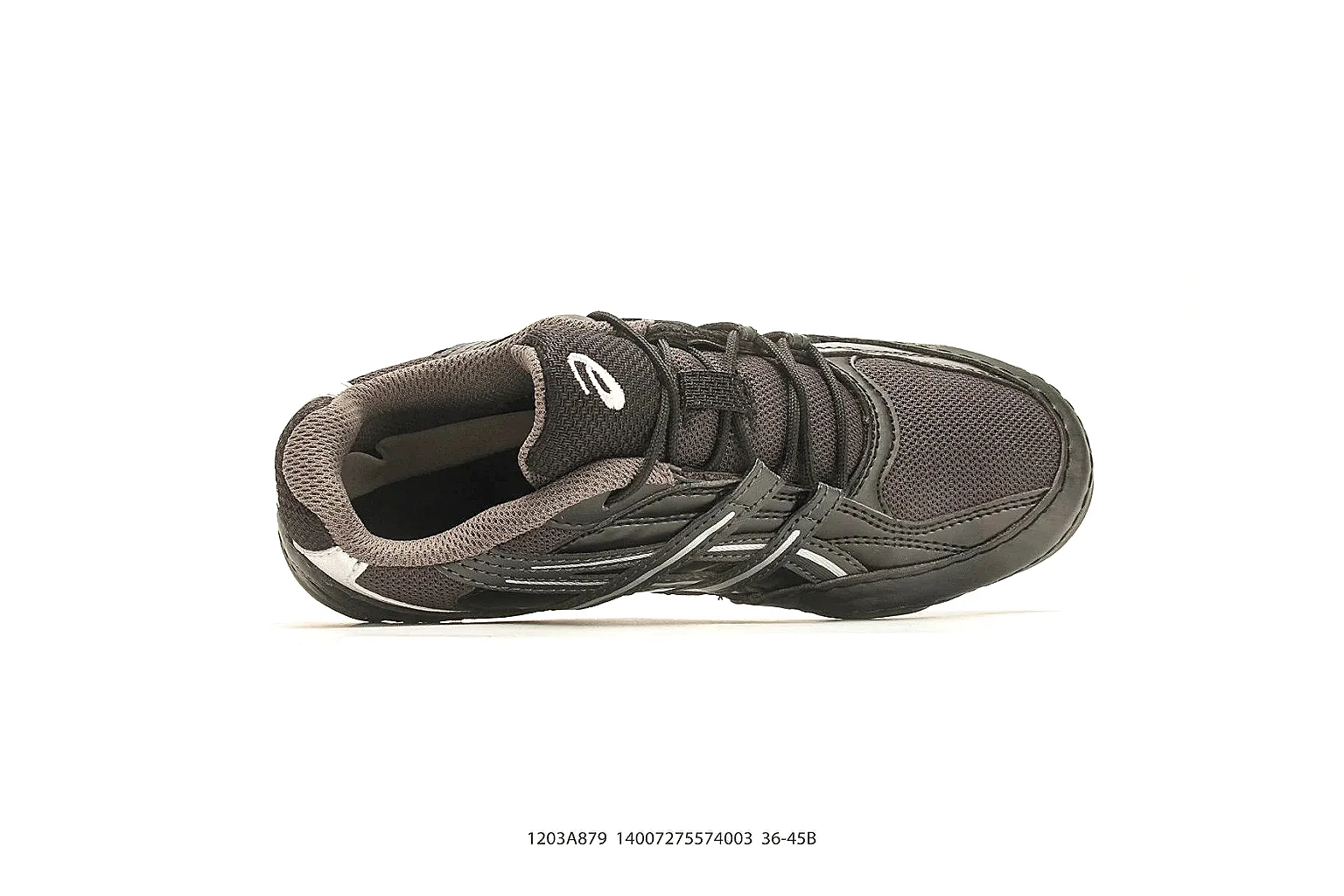 Asics Gel Runner Black Gray QC reference photo showing black gray mesh-leather upper, layered runner panels, Asics side stripes, and cushioned retro sole thumbnail 6