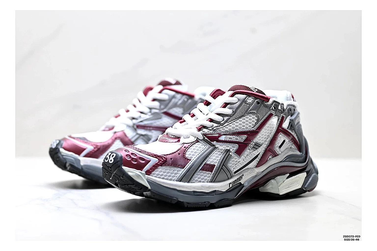 Asics Gel Runner Gray Burgundy QC reference photo showing gray mesh-leather runner upper, burgundy Asics accents, retro runner shape, and cushioned sole thumbnail 3