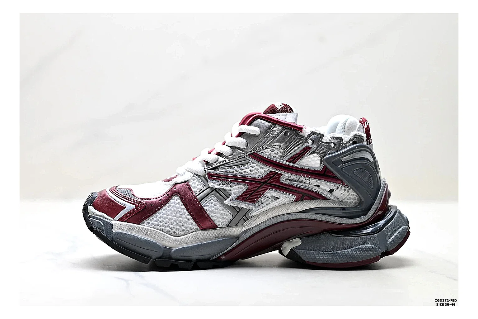 Asics Gel Runner Gray Burgundy QC reference photo showing gray mesh-leather runner upper, burgundy Asics accents, retro runner shape, and cushioned sole thumbnail 6