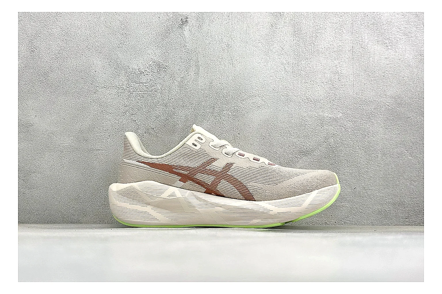 Asics Novablast 6 Cream Green QC reference photo showing cream running mesh, green side accents, tall cushioned sole, and modern training silhouette thumbnail 5