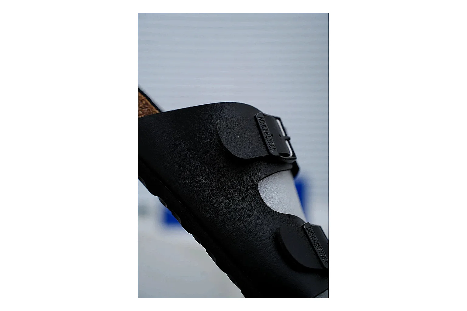 Birkenstock Arizona Black Cork Slide QC photo showing adjustable buckles, contoured footbed and dark outsole for versatile casual looks