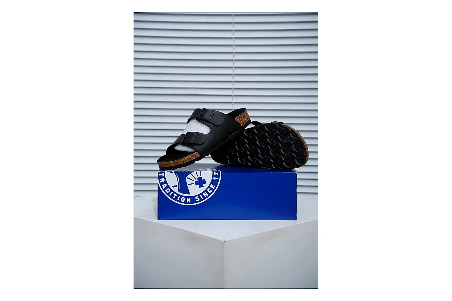 Birkenstock Arizona Black Cork Slide QC photo showing adjustable buckles, contoured footbed and dark outsole for versatile casual looks thumbnail 5