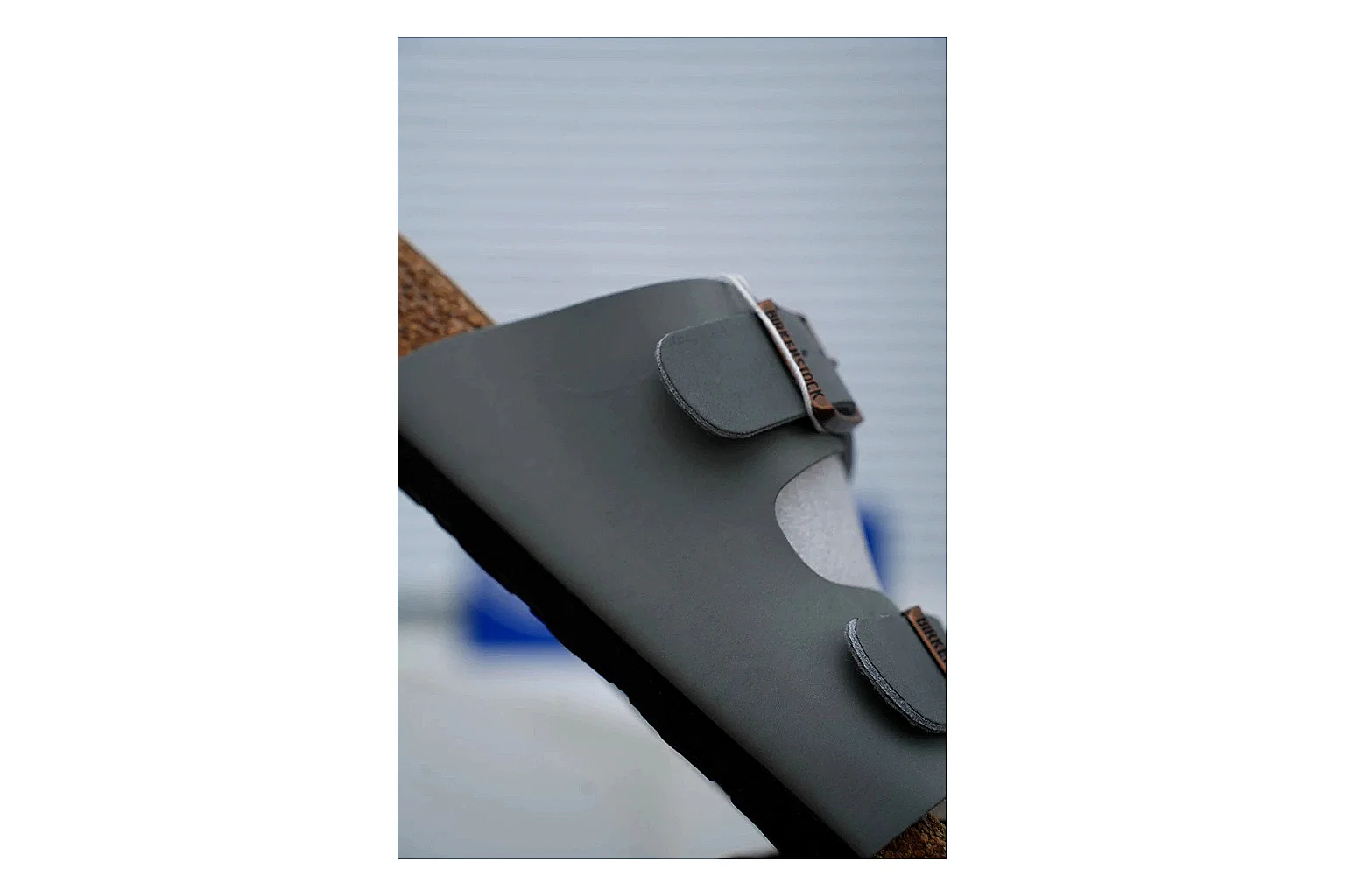 Birkenstock Arizona Charcoal Cork Slide QC photo showing adjustable buckles, molded cork footbed and dark outsole for understated everyday style thumbnail 2
