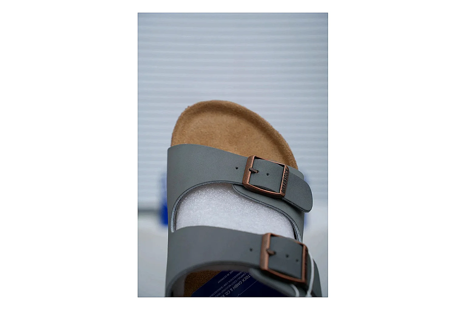 Birkenstock Arizona Charcoal Cork Slide QC photo showing adjustable buckles, molded cork footbed and dark outsole for understated everyday style thumbnail 4