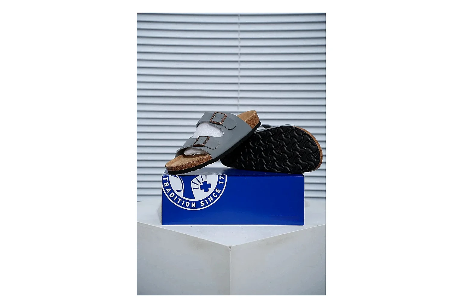 Birkenstock Arizona Charcoal Cork Slide QC photo showing adjustable buckles, molded cork footbed and dark outsole for understated everyday style thumbnail 5