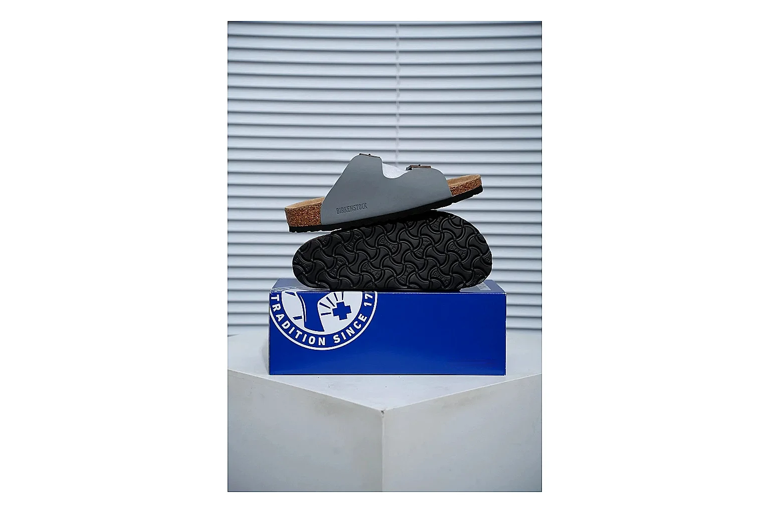 Birkenstock Arizona Charcoal Cork Slide QC photo showing adjustable buckles, molded cork footbed and dark outsole for understated everyday style thumbnail 6