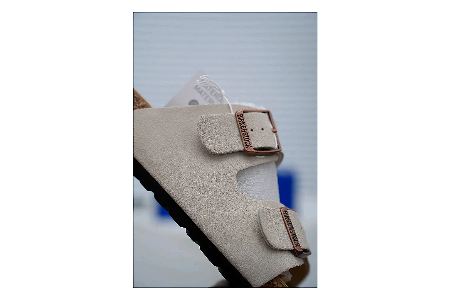 Birkenstock Arizona Cream Cork Slide QC photo showing adjustable buckles, soft neutral upper and contoured footbed for easy casual wear