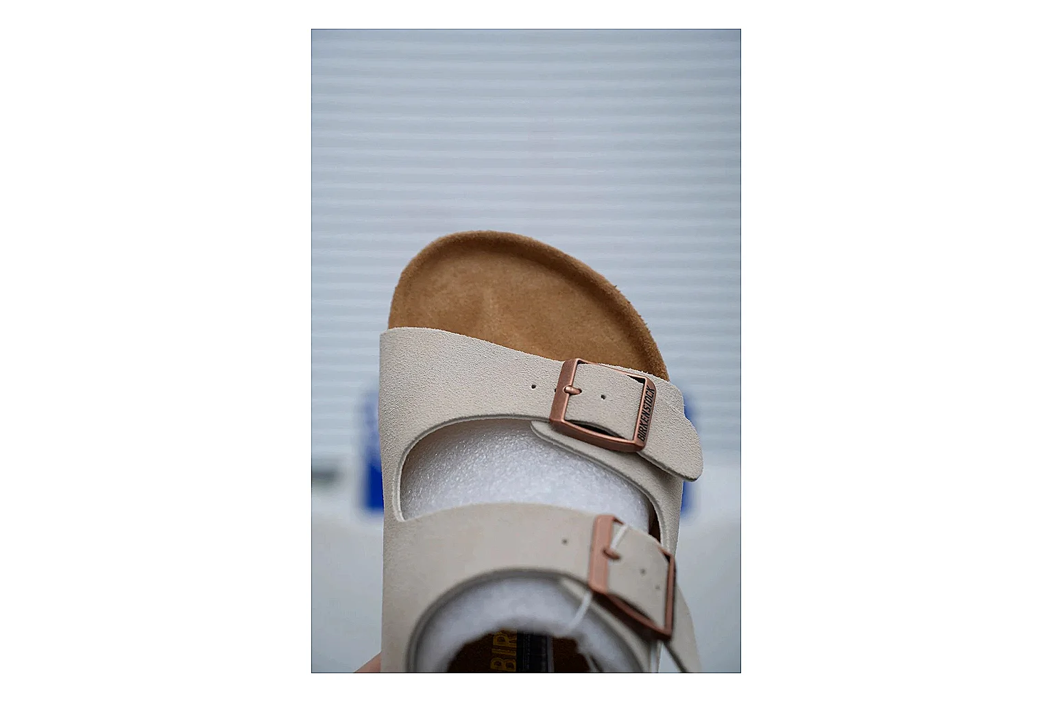 Birkenstock Arizona Cream Cork Slide QC photo showing adjustable buckles, soft neutral upper and contoured footbed for easy casual wear thumbnail 4
