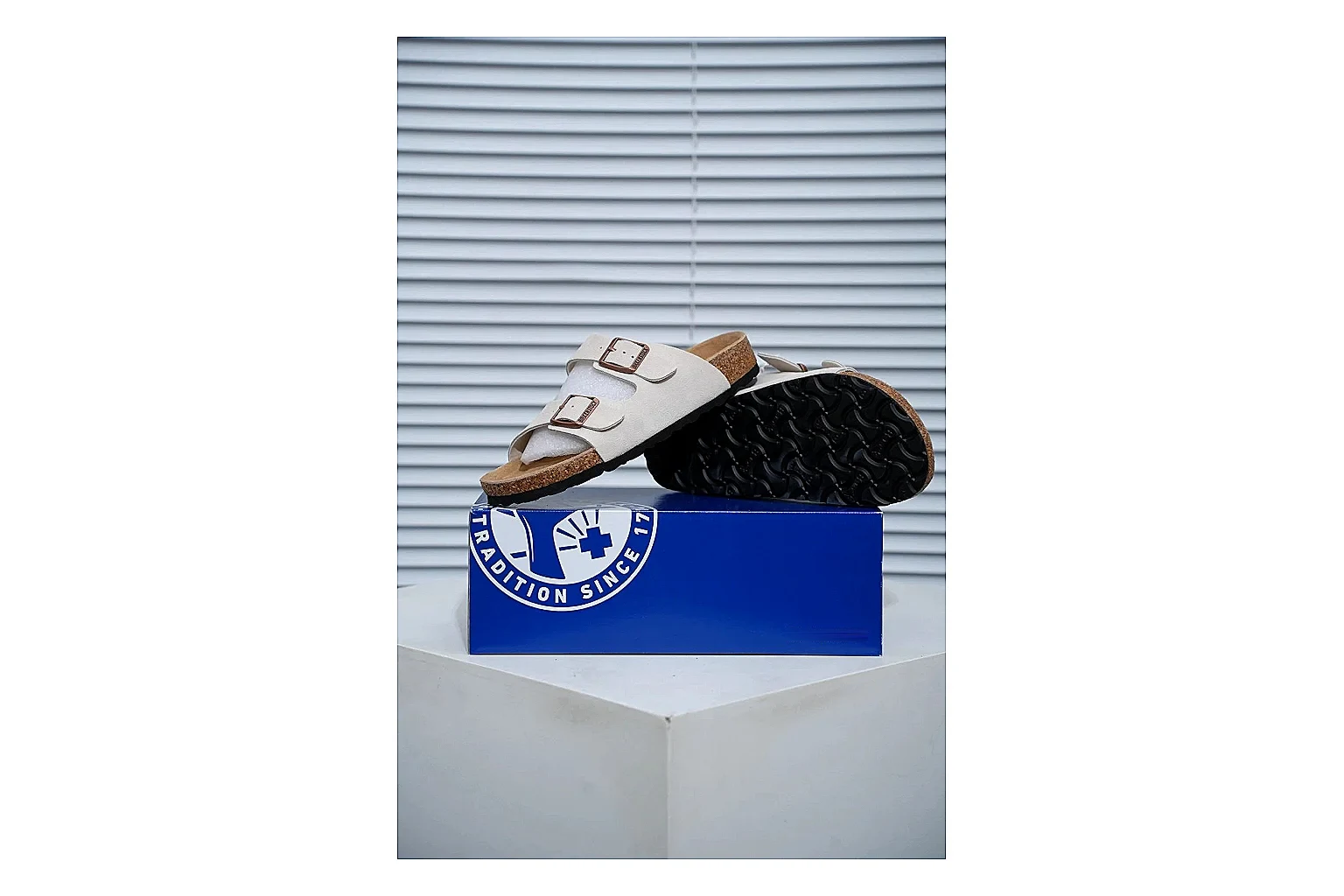 Birkenstock Arizona Cream Cork Slide QC photo showing adjustable buckles, soft neutral upper and contoured footbed for easy casual wear thumbnail 5