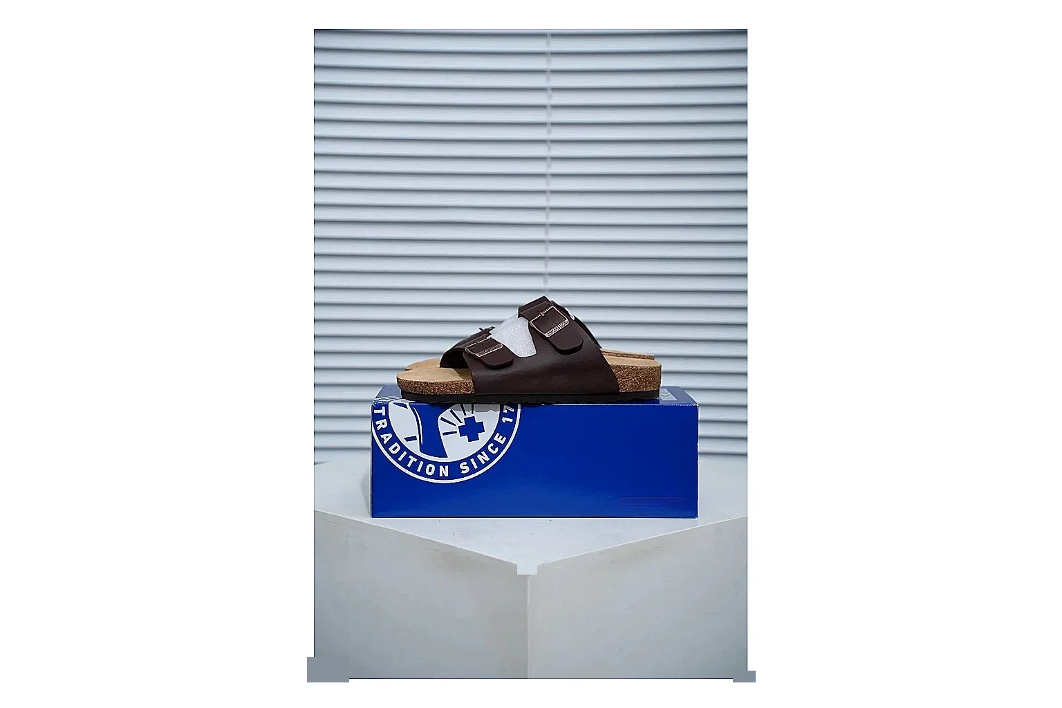 Birkenstock Arizona Mocha Cork Slide QC photo showing adjustable buckles, warm brown upper and contoured footbed for relaxed retro styling