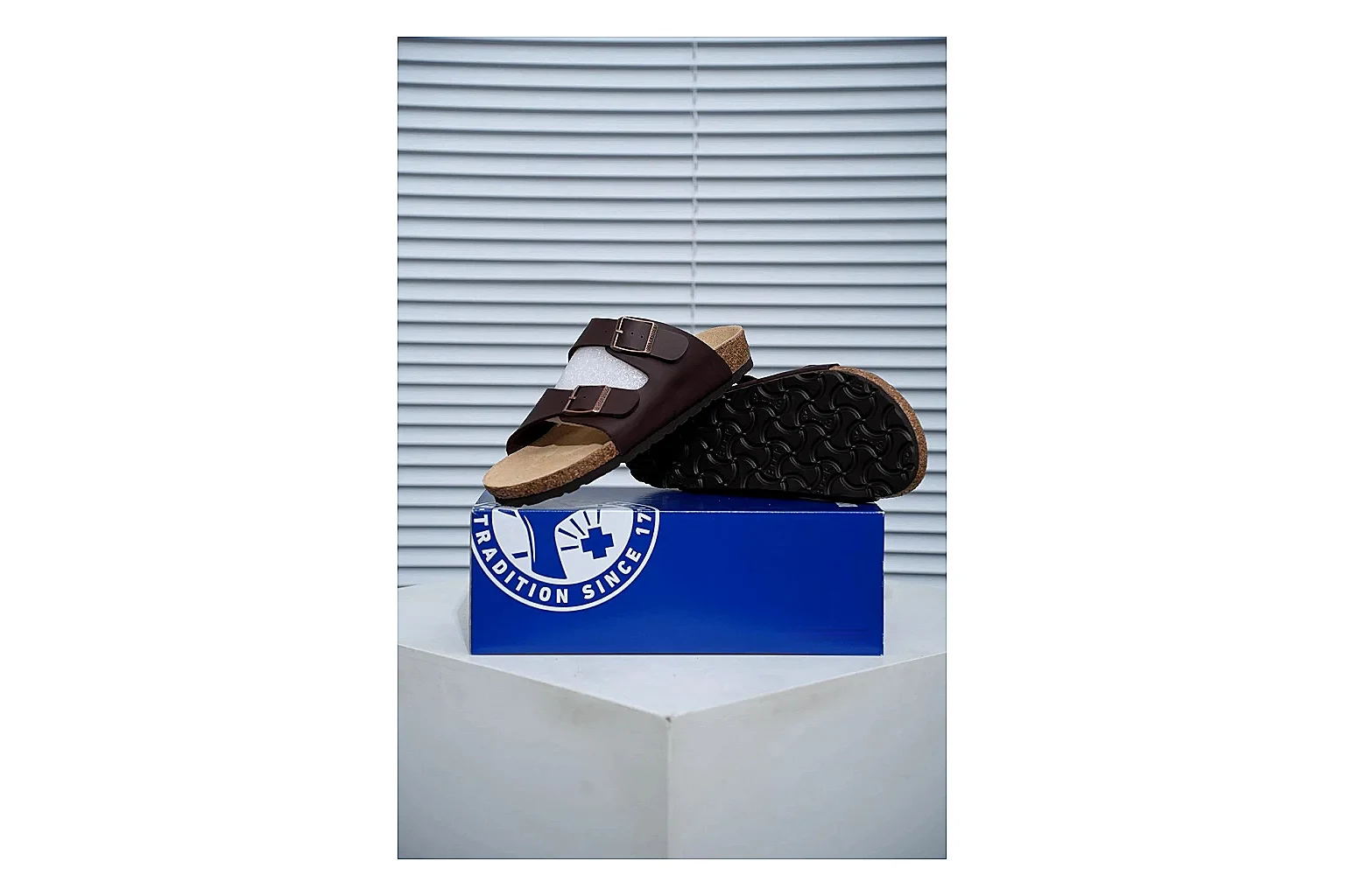Birkenstock Arizona Mocha Cork Slide QC photo showing adjustable buckles, warm brown upper and contoured footbed for relaxed retro styling thumbnail 5